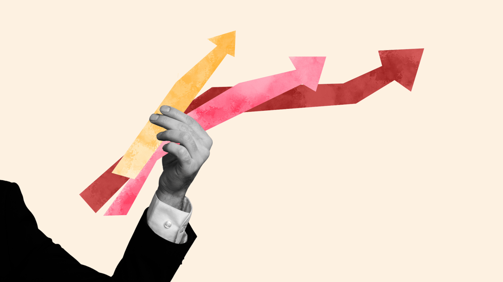 Creative poster collage hand body fragment hold arrows statistics progress achieve goal stocks investor economy drawing background