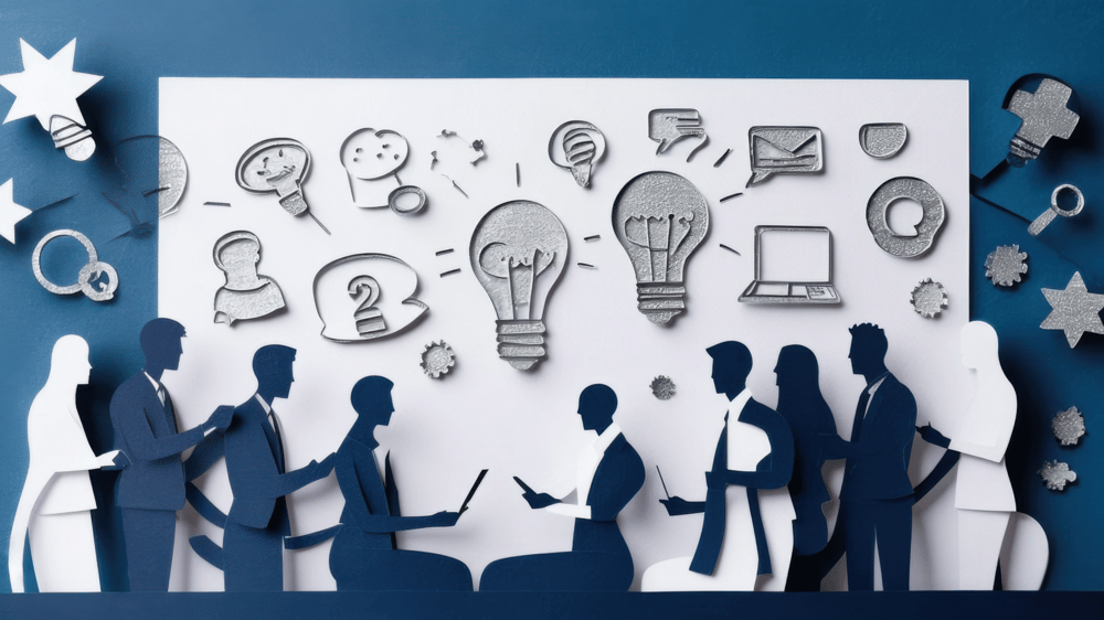 Paper cutout of digital marketing agency brainstorming new campaign ideas deep navy and bright silver symbolizing creative collaboration
