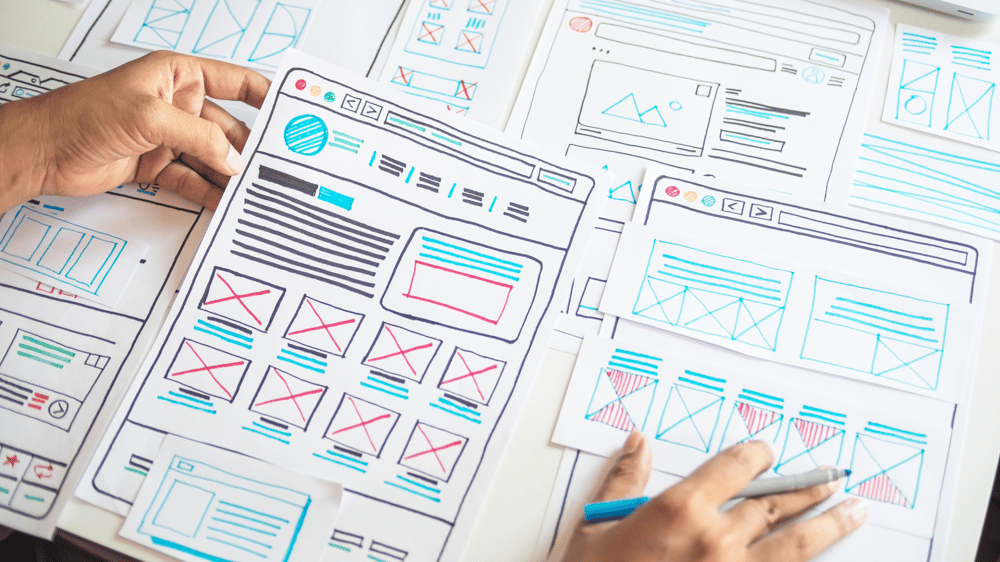 Website designer Creative planning application developer development draft sketch drawing template layout prototype framework wireframe design studio. User experience concept.